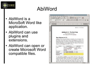 Office Applications Word Processing AbiWord E-Book Reader Fbreader Spreadsheet Gnumeric Presentation OpenOffice – Impress 
