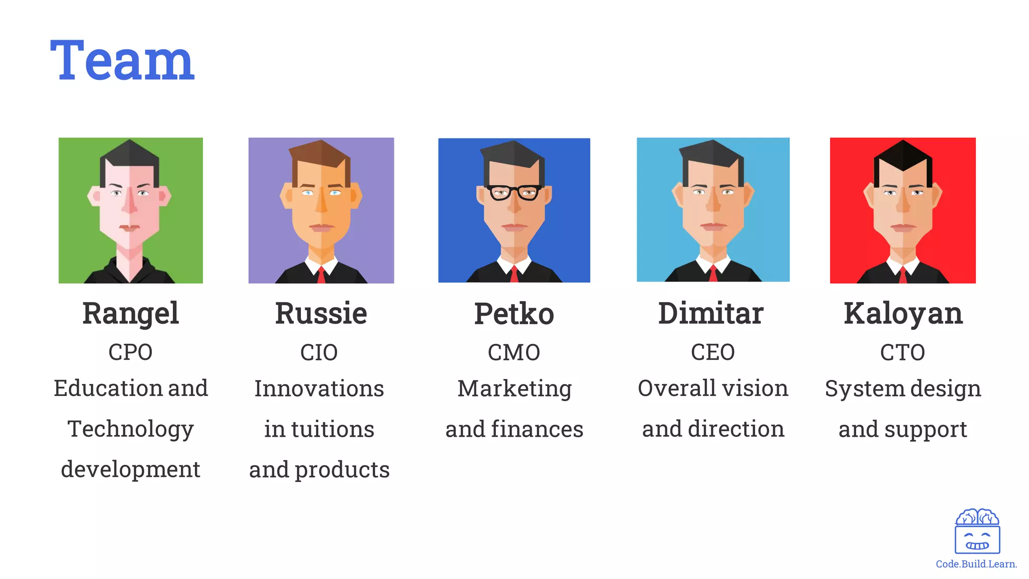 Code.Build.Learn.
Rangel Russie Petko Dimitar Kaloyan
CPO
Education and
Technology
development
CIO
Innovations
in tuitions
and products
CMO
Marketing
and finances
CEO
Overall vision
and direction
CTO
System design
and support
Team
 