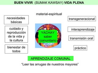 YACHAY saber comunitario transgeneracional transmisi ón oral APRENDIZAJE COMUNAL “ Leer las arrugas de nuestros mayores” necesidades  b ásicas pr áctico cuidado y reproducci ón de la vida y la cultura bienestar de todos interaprendizaje material-espiritual BUEN VIVIR   (SUMAK KAWSAY)  VIDA PLENA 