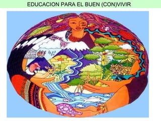 Implica un replanteamiento de fondo de los modos de pensar y hacer educaci ón. Promueve el bienestar de todos atendiendo al equilibrio entre el individuo, la comunidad y la naturaleza. Desestimula el individualismo, el consumismo, la competencia. Promueve el dar, la reciprocidad,  el espíritu cooperativo, el aprendizaje intergeneracional. No es una propuestas solamente para el mundo ind ígena sino para toda la sociedad. Responde a las necesidades del mundo actual. EDUCACION PARA EL BUEN (CON)VIVIR  