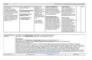 OBTL Plan EDUC 1A/EDUC 101 – The Child and Adolescent Learners and Learning Principles
At the end of the unit, the pre-service Unit 6 – Safety and Security in the Liwag, M. C. D. & Advanced reading/research. Panel discussion. 9 hrs
teacher (PST) can: Learning Environment Macapagal, M.E. J. Topics on laws, policies, and PSTs, in small groups, will
a. discuss the laws, policies, (1999). How we raise our procedures that protect children’s present a panel discussion to the
guidelines and procedures that A. UN Convention on the Rights daughters and sons: rights and assure their safety and class. Panel discussions will
protect children’s rights and assure of the Child and PD 603 Child rearing and gender security in school may be given ahead address laws, policies and issues
their safety and security in school; socialization in the to PSTs in small groups to prepare on the rights of child and
and 2.1.1 [4] 6.3.1 [4] B. Anti-Bullying Act of 2013 Philippines. United them for panel discussion. adolescent learners as well as on
b. explain and draw implications of (Republic Act 10627) Nations Children’s Fund their safety and security in school.
policies and procedures on child and the Ateneo Wellness Seminar/Colloquium with a
protection, and positive/non-violent C. Child Protection Policy Center. resource person from the field. Written narrative.
discipline in the management of D. Positive Discipline A basic education master teacher, a PSTs will be asked to write a
behavior. 2.6.1 [5] Corpuz, Brenda B., school head or a colleague may be narrative on their insights from the
Lucas, Ma. Rita D., invited to discuss on laws, policies, panel discussions and the
Borabo, Heidi Grace L. and procedures that protect children’s colloquium capped with insights
rights and assure their safety and on the different purposes of
security in school, as well as, policies professional reflection. Output: A
and procedures on child protection, written narrative with discussions
and positive/nonviolent discipline in on the implications of policies and
the management of behavior procedures on child protection,
and positive/non-violent discipline
in the management of behavior.
Suggested Readings and Iral, Florante S., et al. Teaching Profession. Plaridel Bulacan : St. Andrew Publishing House, 2012.
References Bilbao, Purita P., et al. Teaching Profession. Quezon City : Lorimar Publishing Co., Inc, 2006.
Other References:
Tejero, Erlinda G., et al. Multidisciplinary Teaching Strategies. Mandaluyong City: National Bookstore, 2012.
Zulueta, Francisco M. and Zenaida V. Sevilla. Principles of Teaching and Teaching Strategies. Navotas City : National Bookstore, 2012.
NCBTS-Based Table of Specification for LET
Corpuz, B.B., Lucas, M.R.D., Borabo, H.G.L., & Lucido, P.I. (2018) The Child and Adolescent Learners and Learning Principles. Lorimar Publishing, Inc, Quezon City,
Philippines. Corpuz, B.B., Lucas, M.R.D., Borabo, H.G.L., & Lucido, P.I. (2015) Child and Adolescent Development. Lorimar Publishing, Inc, Quezon City, Philippines. Lucas,
Ma. Rita D. & Corpuz, Brenda B. (2014) Facilitating Learning: A metacognitive process. Lorimar Publishing, Inc, Quezon City, Philippines. Cohen, L., Manion, L., Morrison, K. &
Wyse, D. (2010) A Guide to Teaching Practice, 5e. Routeledge, 270 Madison Ave., New York, NY. Santrock, J.W. (2011) Educational Psychology, 5e. McGraw-Hill
Companies, Inc. New York, NY. Schunk, Dale H. (2012) Learning Theories: An educational perspective, 6e. Pearson Education, Inc. Boston, MA Higher Education
Commission (2012) Child Development: Faculty Resource. Higher Education Commission, Pakistan. UN-OHCHR (n.d.) 1989 Convention on the Rights of the Child. UN Office
of the High Commissioner for Human Rights. Retrieved from https://www.ohchr.org/Documents/ProfessionalInterest/crc.pdf Presidential Decree No. 603 (1974) The Child and
Youth Welfare Code of the Philippines. Retrieved from https://www.pcw.gov.ph/law/presidential-decree-no-603
Form No.: TSU-VPA-__-__ Revision No.: 00__ Effectivity Date: ________________ Page 10 of 13
 