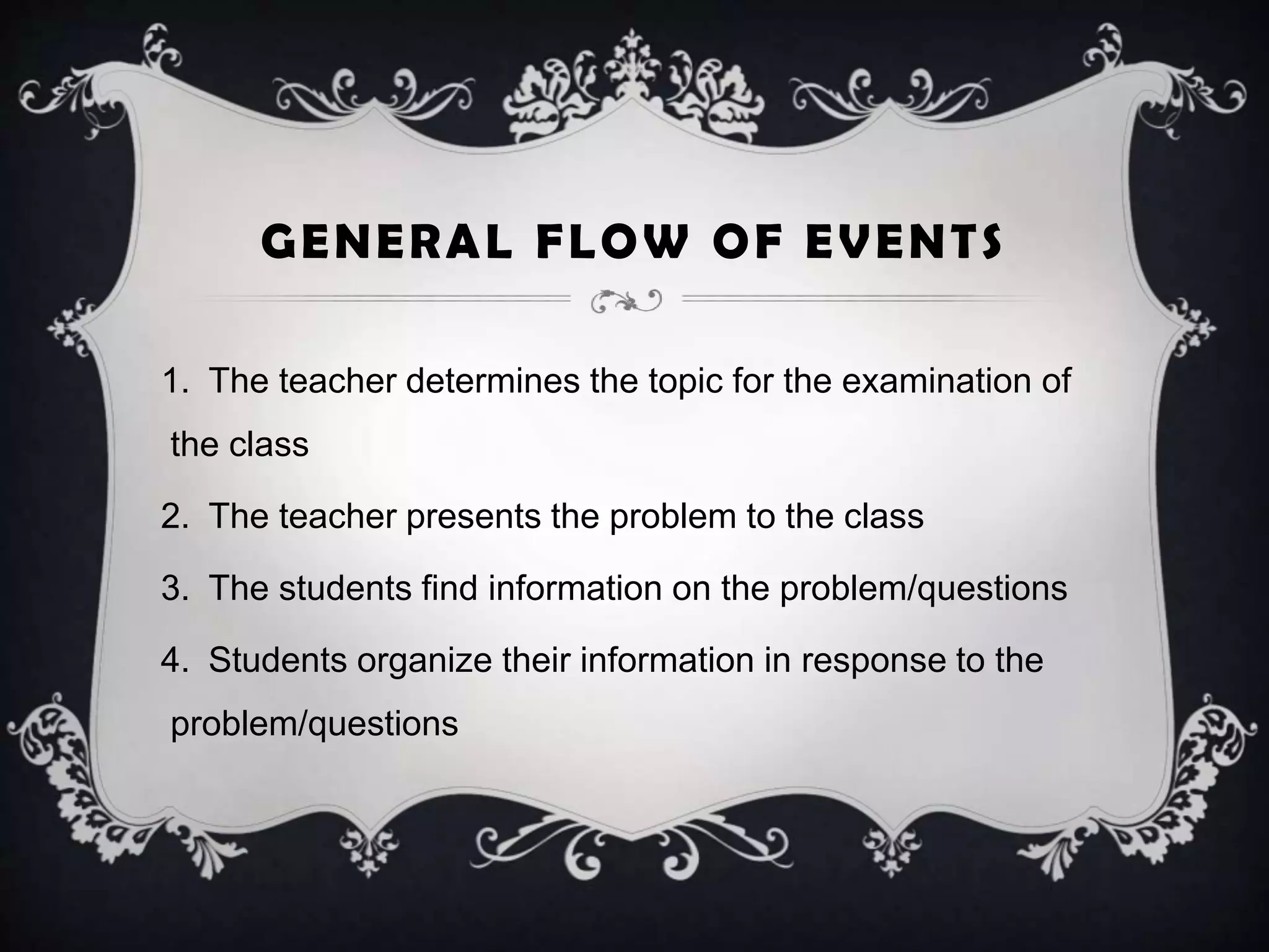 GENERAL FLOW OF EVENTS
1. The teacher determines the topic for the examination of
the class
2. The teacher presents the problem to the class
3. The students find information on the problem/questions
4. Students organize their information in response to the
problem/questions
 