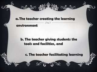 a.The teacher creating the learning
environment
b. The teacher giving students the
tools and facilities, and
c. The teacher facilitating learning
 