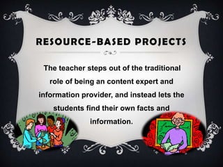 RESOURCE-BASED PROJECTS
The teacher steps out of the traditional
role of being an content expert and
information provider, and instead lets the
students find their own facts and
information.
 