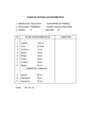 DATOS DE ENTRADA ANTROPOMÉTRICA
1. INSTITUCIÓN EDUCATIVA : “SAN MARTÍN DE PORRES”
2. APELLIDOS Y NOMBRES : PAITÁN VARGAS ROSALINDA
3. GRADO : 3º SECCIÓN : “B”
Nº DATOS ANTROPOMÉTRICOS I TRIMESTRE
1.
2.
3.
4.
5.
6.
7.
8.
9.
10.
11.
Estatura 1.52 cm
Peso 47 Kilos
Hombros 14 cm.
Bustos 30 cm.
Bíceps 23 cm.
Cintura 69 cm.
Caderas 20 cm.
Muslos 44 cm.
PERÍMETRO TORÁCICO
Normal 82 cm.
Inspiración 89 cm.
Espiración 79 cm.
Fecha : 24 / 03 / 15
 
