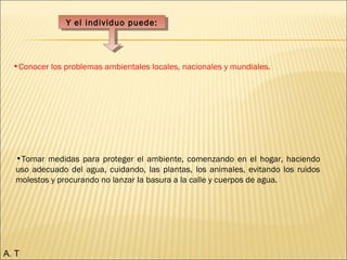 •Tomar medidas para proteger el ambiente, comenzando en el hogar, haciendo
uso adecuado del agua, cuidando, las plantas, los animales, evitando los ruidos
molestos y procurando no lanzar la basura a la calle y cuerpos de agua.
Y el individuo puede:Y el individuo puede:
•Conocer los problemas ambientales locales, nacionales y mundiales. 
A. T
 