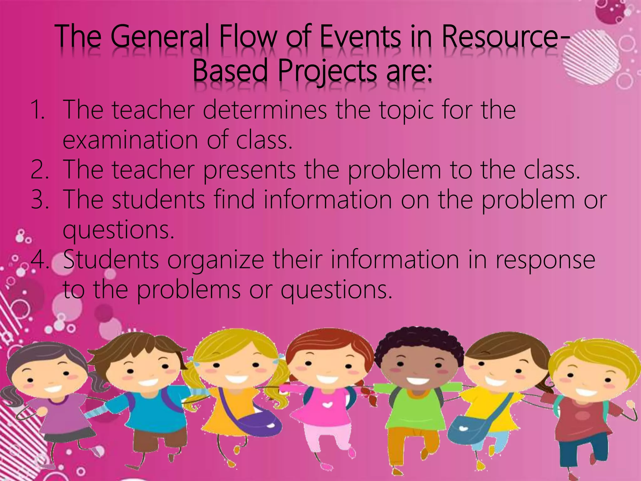 The General Flow of Events in Resource-
Based Projects are:
1. The teacher determines the topic for the
examination of class.
2. The teacher presents the problem to the class.
3. The students find information on the problem or
questions.
4. Students organize their information in response
to the problems or questions.
 