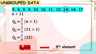UNGROUPED DATA
5, 8, 9, 9, 10, 10, 11, 12, 14, 14, 17
n = 11
Q3 =
𝟑
𝟒
𝒏 + 𝟏
Q3 =
𝟑
𝟒
𝟏𝟏 + 𝟏
Q3 =
𝟑
𝟒
𝟏𝟐
Q3 = 9 9th element
 