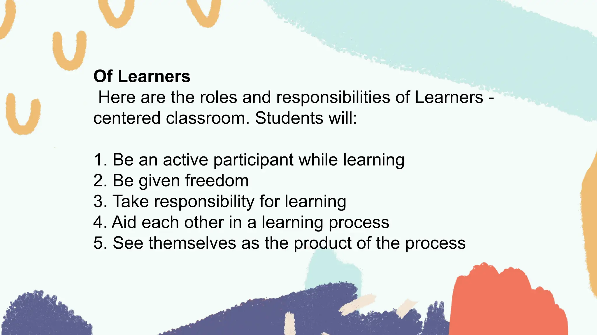 Of Learners
Here are the roles and responsibilities of Learners -
centered classroom. Students will:
1. Be an active participant while learning
2. Be given freedom
3. Take responsibility for learning
4. Aid each other in a learning process
5. See themselves as the product of the process
 