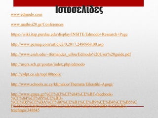 Ιστοσελίδεςwww.edmodo.com
www.mathisi20.gr/Conferences
https://wiki.itap.purdue.edu/display/INSITE/Edmodo+Research+Page
http://www.pcmag.com/article2/0,2817,2486968,00.asp
http://www.csub.edu/~tfernandez_ulloa/Edmodo%20User%20guide.pdf
http://users.sch.gr/goutas/index.php/edmodo
http://c4lpt.co.uk/top100tools/
http://www.schools.ac.cy/klimakio/Themata/Eikastiki-Agogi/
http://www.emea.gr/%CF%83%CF%84%CE%BF-facebook-
%CF%84%CF%89%CE%BD-
%CE%B5%CE%BA%CF%80%CE%B1%CE%B9%CE%B4%CE%B5%C
F%85%CF%84%CE%B9%CE%BA%CF%8E%CE%BD-%CE%B7-
teachngo/348845
 