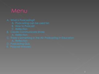 What is Podcasting? Podcasting can be used for: How to Podcast Reflection Create Communicate Share Reflection There’s Something in the Air: Podcasting in Education Reflection Podcasting Quiz Podcast Answers 