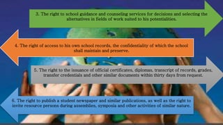 3. The right to school guidance and counseling services for decisions and selecting the
alternatives in fields of work suited to his potentialities.
4. The right of access to his own school records, the confidentiality of which the school
shall maintain and preserve.
5. The right to the issuance of official certificates, diplomas, transcript of records, grades,
transfer credentials and other similar documents within thirty days from request.
6. The right to publish a student newspaper and similar publications, as well as the right to
invite resource persons during assemblies, symposia and other activities of similar nature.
 