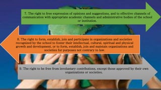7. The right to free expression of opinions and suggestions, and to effective channels of
communication with appropriate academic channels and administrative bodies of the school
or institution.
8. The right to form, establish, join and participate in organizations and societies
recognized by the school to foster their intellectual, cultural, spiritual and physical
growth and development, or to form, establish, join and maintain organizations and
societies for purposes not contrary to law.
9. The right to be free from involuntary contributions, except those approved by their own
organizations or societies.
 