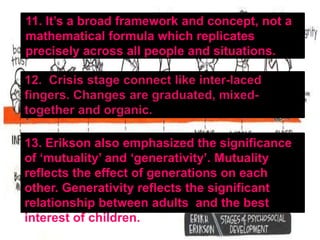 11. It’s a broad framework and concept, not a
mathematical formula which replicates
precisely across all people and situations.
13. Erikson also emphasized the significance
of ‘mutuality’ and ‘generativity’. Mutuality
reflects the effect of generations on each
other. Generativity reflects the significant
relationship between adults and the best
interest of children.
 