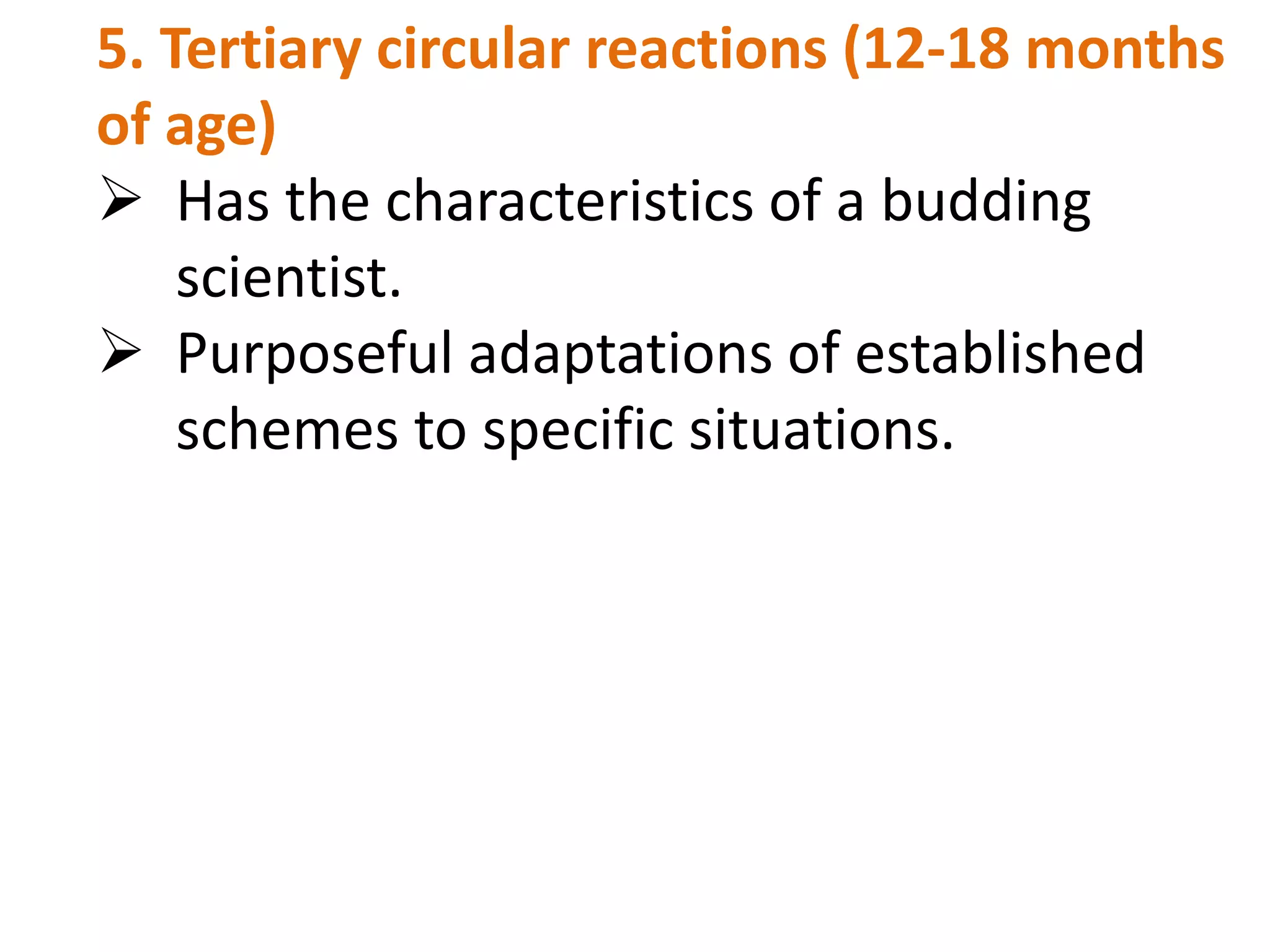 5. Tertiary circular reactions (12-18 months 
of age) 
 Has the characteristics of a budding 
scientist. 
 Purposeful adaptations of established 
schemes to specific situations. 
 
