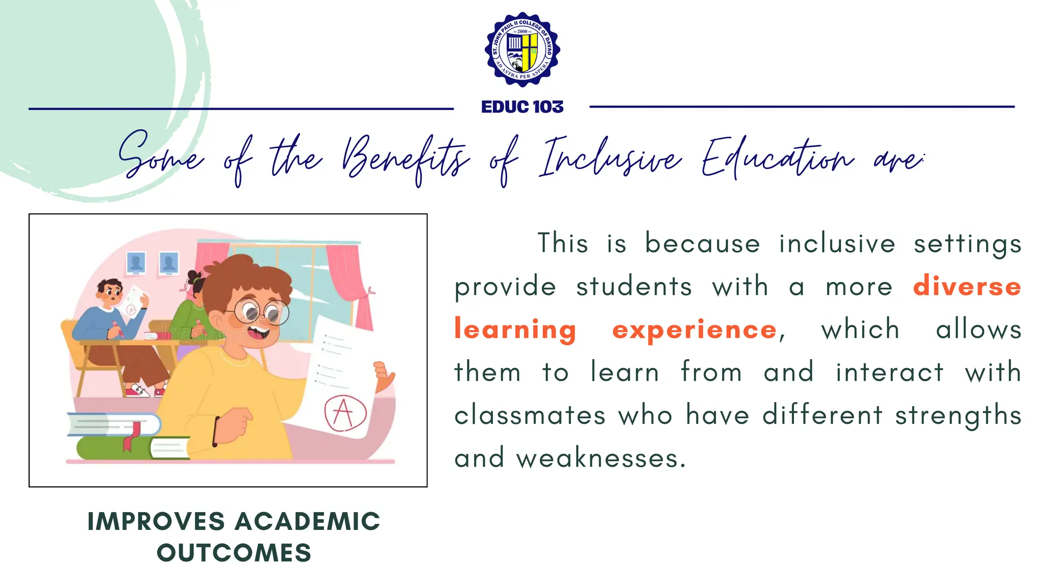 This is because inclusive settings
provide students with a more diverse
learning experience, which allows
them to learn from and interact with
classmates who have different strengths
and weaknesses.
IMPROVES ACADEMIC
OUTCOMES
EDUC 103
Some of the Benefits of Inclusive Education are:
 