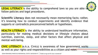 LEGAL LITERACY is the ability to comprehend laws so you are able to
follow policies and legal procedures.
Scientific Literacy does not necessarily mean memorizing facts; rather,
it’s knowing how to conduct experiments and identify evidence that
supports or contradicts preconceived beliefs or hypotheses.
HEALTH LITERACY is the ability to understand healthcare information,
particularly for making medical decisions or lifestyle choices about
nutrition, exercise, sleep, and other factors that affect physical and
mental well-being.
CIVIC LITERACY (a.k.a. Civics) is awareness of how government works
as well as your rights and responsibilities as a citizen and voter.
 