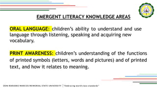 EMERGENT LITERACY KNOWLEDGE AREAS
ORAL LANGUAGE: children’s ability to understand and use
language through listening, speaking and acquiring new
vocabulary.
PRINT AWARENESS: children’s understanding of the functions
of printed symbols (letters, words and pictures) and of printed
text, and how it relates to meaning.
 