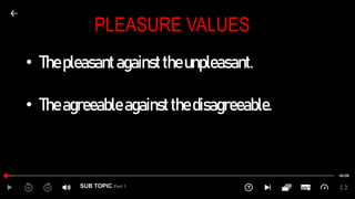 SUB TOPIC Part 1
PLEASURE VALUES
• Thepleasantagainsttheunpleasant.
• Theagreeableagainstthedisagreeable.
 