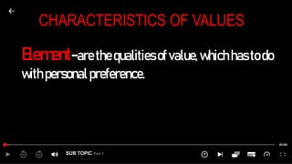 SUB TOPIC Part 1
CHARACTERISTICS OF VALUES
Element-arethequalitiesofvalue,whichhastodo
withpersonalpreference.
 