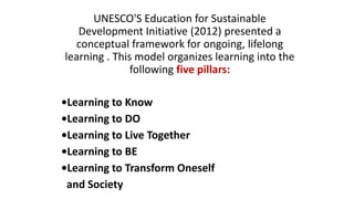 UNESCO'S Education for Sustainable
Development Initiative (2012) presented a
conceptual framework for ongoing, lifelong
learning . This model organizes learning into the
following five pillars:
•Learning to Know
•Learning to DO
•Learning to Live Together
•Learning to BE
•Learning to Transform Oneself
and Society
 