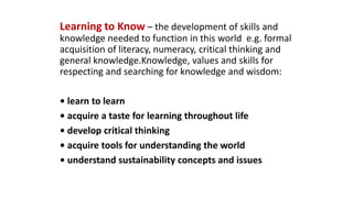Learning to Know – the development of skills and
knowledge needed to function in this world e.g. formal
acquisition of literacy, numeracy, critical thinking and
general knowledge.Knowledge, values and skills for
respecting and searching for knowledge and wisdom:
• learn to learn
• acquire a taste for learning throughout life
• develop critical thinking
• acquire tools for understanding the world
• understand sustainability concepts and issues
 
