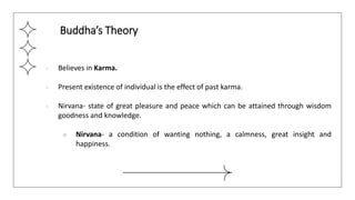 ● Believes in Karma.
● Present existence of individual is the effect of past karma.
● Nirvana- state of great pleasure and peace which can be attained through wisdom
goodness and knowledge.
○ Nirvana- a condition of wanting nothing, a calmness, great insight and
happiness.
Buddha’s Theory
 