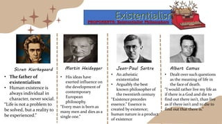 Existentialism
Sӧren Kierkegaard Martin Heidegger Jean-Paul Sartre Albert Camus
PROPONENTS: Existentialist Philosophers
• The father of
existentialism
• Human existence is
always individual in
character, never social.
“Life is not a problem to
be solved, but a reality to
be experienced.”
• His ideas have
exerted influence on
the development of
contemporary
European
philosophy.
“Every man is born as
many men and dies as a
single one.”
• An atheistic
existentialist
• Arguably the best
known philosopher of
the twentieth century
“Existence precedes
essence.” Essence is
created by existence;
human nature is a product
of existence
• Dealt over such questions
as the meaning of life in
the face of death.
“I would rather live my life as
if there is a God and die to
find out there isn't, than live
as if there isn't and to die to
find out that there is.”
 