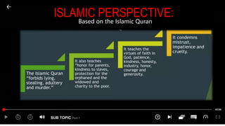 SUB TOPIC Part 1
ISLAMIC PERSPECTIVE:
Based on the Islamic Quran
 