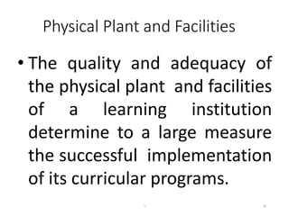 Physical Plant and Facilities
• The quality and adequacy of
the physical plant and facilities
of a learning institution
determine to a large measure
the successful implementation
of its curricular programs.
10
1
 