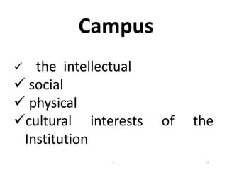 Campus
 the intellectual
 social
 physical
cultural interests of the
Institution
12
1
 