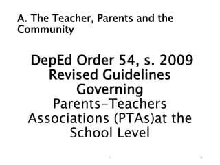 A. The Teacher, Parents and the
Community
DepEd Order 54, s. 2009
Revised Guidelines
Governing
Parents-Teachers
Associations (PTAs)at the
School Level
21
1
 