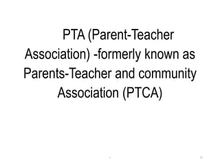 PTA (Parent-Teacher
Association) -formerly known as
Parents-Teacher and community
Association (PTCA)
22
1
 