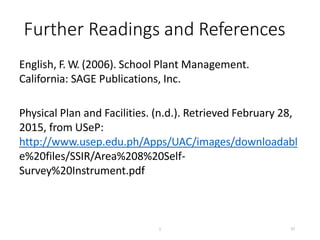 Further Readings and References
English, F. W. (2006). School Plant Management.
California: SAGE Publications, Inc.
Physical Plan and Facilities. (n.d.). Retrieved February 28,
2015, from USeP:
http://www.usep.edu.ph/Apps/UAC/images/downloadabl
e%20files/SSIR/Area%208%20Self-
Survey%20Instrument.pdf
37
1
 