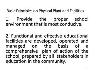 Basic Principles on Physical Plant and Facilities
1. Provide the proper school
environment that is most conducive.
2. Functional and effective educational
facilities are developed, operated and
managed on the basis of a
comprehensive plan of action of the
school, prepared by all stakeholders in
education in the community.
5
1
 