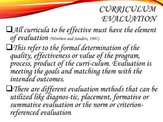 INTERRELATIONSHIP OF
COMPONENTS OF A CURRICULUM
Aims
Objective
Content/
Subject
Matter

Evaluatio
n

Methods/
Objective

 