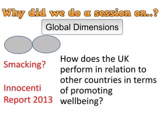 How does the UK
perform in relation to
other countries in terms
of promoting
wellbeing?
Smacking?
Innocenti
Report 2013
 