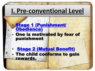 I. Pre-conventional Level
• Stage 1 (Punishment/
Obedience)
- One is motivated by fear of
punishment
• Stage 2 (Mutual Benefit)
- The child conforms to gain
rewards.

 