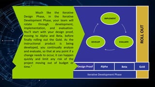IMPLEMENT
EVALUATE
DEVELOP
ROLL
OUT
Iterative Development Phase
Design Proof Alpha Beta Gold
Much like the Iterative
Design Phase, in the Iterative
Development Phase, your team will
rotate through development,
implementation, and evaluation.
You’ll start with your design proof,
moving to Alpha and Beta, before
finally rolling out the Gold. As the
instructional product is being
developed, you continually analyze
and evaluate, so that at any point if a
change needs to occur, it can happen
quickly and limit any risk of the
project moving out of budget or
time."
 