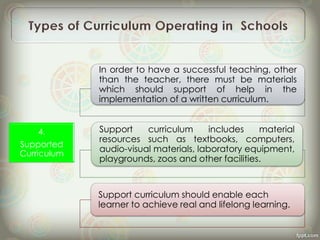 In order to have a successful teaching, other
than the teacher, there must be materials
which should support of help in the
implementation of a written curriculum.
Support curriculum includes material
resources such as textbooks, computers,
audio-visual materials, laboratory equipment,
playgrounds, zoos and other facilities.
Support curriculum should enable each
learner to achieve real and lifelong learning.
4.
Supported
Curriculum
 