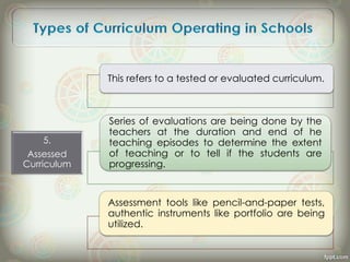 This refers to a tested or evaluated curriculum.
Series of evaluations are being done by the
teachers at the duration and end of he
teaching episodes to determine the extent
of teaching or to tell if the students are
progressing.
Assessment tools like pencil-and-paper tests,
authentic instruments like portfolio are being
utilized.
5.
Assessed
Curriculum
 