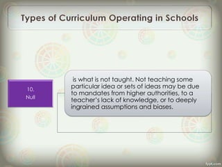 10.
Null
is what is not taught. Not teaching some
particular idea or sets of ideas may be due
to mandates from higher authorities, to a
teacher’s lack of knowledge, or to deeply
ingrained assumptions and biases.
 