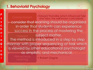 •Edward Thorndike (which influenced Tyler
and Taba, the well known curricularists)Connectionism
• Ivan Pavlov
Classical
Conditioning
• B.F. Skinner
Operant
Conditioning
• Albert BanduraModeling and
Observation theory
• Robert Gagne
Hierarchical
Learning
- consider that learning should be organized
in order that students can experience
success in the process of mastering the
subject matter.
The method is introduced in a step by step
manner with proper sequencing of task which
is viewed by other educational psychologist
as simplistic and mechanical.
 