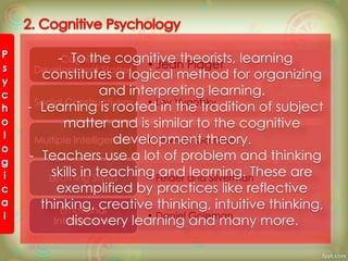 •Jean Piaget
Cognitive
Development Stages
• Lev VygotskySocial Constructivism
• Howard GardnerMultiple Intelligences
• Felder and SilvermanLearning Styles
• Daniel Goleman
Emotional
Intelligences
- To the cognitive theorists, learning
constitutes a logical method for organizing
and interpreting learning.
- Learning is rooted in the tradition of subject
matter and is similar to the cognitive
development theory.
- Teachers use a lot of problem and thinking
skills in teaching and learning. These are
exemplified by practices like reflective
thinking, creative thinking, intuitive thinking,
discovery learning and many more.
 