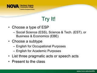 Try It!
• Choose a type of ESP
– Social Science (ESS), Science & Tech. (EST), or
Business & Economics (EBE)

• Choose a subtype
– English for Occupational Purposes
– English for Academic Purposes

• List three pragmatic acts or speech acts
• Present to the class
www.nvcc.edu/workfo

 