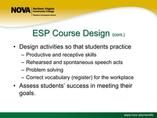 ESP Course Design (cont.)
• Design activities so that students practice
–
–
–
–

Productive and receptive skills
Rehearsed and spontaneous speech acts
Problem solving
Correct vocabulary (register) for the workplace

• Assess students’ success in meeting their
goals.

www.nvcc.edu/workfo

 