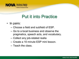 Put it into Practice
• In pairs:
– Choose a field and subfield of ESP.
– Go to a local business and observe the
pragmatics, speech acts, and vocabulary.
– Collect any job-related realia
– Create a 10 minute ESP mini lesson.
– Teach the class.

www.nvcc.edu/workfo

 