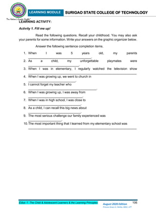 LEARNING MODULE SURIGAO STATE COLLEGE OF TECHNOLOGY
Educ 1: The Child & Adolescent Learners & the Learning Principles 106
August 2020 Edition
Princes Grace A. Retita, MGC, LPT
LEARNING ACTIVITY:
Activity 1. Fill me up!
Read the following questions. Recall your childhood. You may also ask
your parents for some information. Write your answers on the graphic organizer below.
Answer the following sentence completion items.
1. When I was 5 years old, my parents
____________________________________.
2. As a child, my unforgettable playmates were
_____________________________.
3. When I was in elementary, I regularly watched the television show
______________________________________________________________
4. When I was growing up, we went to church in
___________________________.
5. I cannot forget my teacher who
_______________________________________.
6. When I was growing up, I was away from
_______________________________.
7. When I was in high school, I was close to
______________________________.
8. As a child, I can recall this big news about
______________________________.
9. The most serious challenge our family experienced was
___________________.
10.The most important thing that I learned from my elementary school was
______________________________________________________________
 