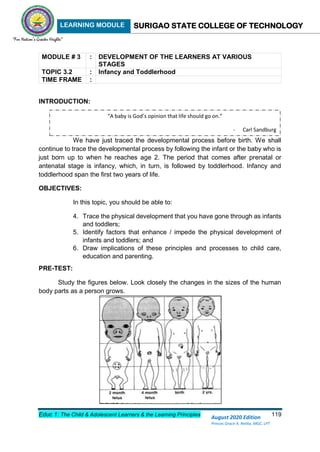 LEARNING MODULE SURIGAO STATE COLLEGE OF TECHNOLOGY
Educ 1: The Child & Adolescent Learners & the Learning Principles 119
August 2020 Edition
Princes Grace A. Retita, MGC, LPT
MODULE # 3 : DEVELOPMENT OF THE LEARNERS AT VARIOUS
STAGES
TOPIC 3.2 : Infancy and Toddlerhood
TIME FRAME :
INTRODUCTION:
We have just traced the developmental process before birth. We shall
continue to trace the developmental process by following the infant or the baby who is
just born up to when he reaches age 2. The period that comes after prenatal or
antenatal stage is infancy, which, in turn, is followed by toddlerhood. Infancy and
toddlerhood span the first two years of life.
OBJECTIVES:
In this topic, you should be able to:
4. Trace the physical development that you have gone through as infants
and toddlers;
5. Identify factors that enhance / impede the physical development of
infants and toddlers; and
6. Draw implications of these principles and processes to child care,
education and parenting.
PRE-TEST:
Study the figures below. Look closely the changes in the sizes of the human
body parts as a person grows.
“A baby is God’s opinion that life should go on.”
- Carl Sandburg
 
