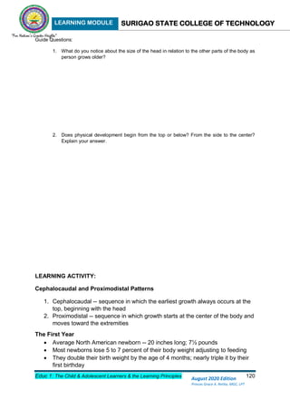 LEARNING MODULE SURIGAO STATE COLLEGE OF TECHNOLOGY
Educ 1: The Child & Adolescent Learners & the Learning Principles 120
August 2020 Edition
Princes Grace A. Retita, MGC, LPT
Guide Questions:
1. What do you notice about the size of the head in relation to the other parts of the body as
person grows older?
2. Does physical development begin from the top or below? From the side to the center?
Explain your answer.
LEARNING ACTIVITY:
Cephalocaudal and Proximodistal Patterns
1. Cephalocaudal -- sequence in which the earliest growth always occurs at the
top, beginning with the head
2. Proximodistal -- sequence in which growth starts at the center of the body and
moves toward the extremities
The First Year
 Average North American newborn -- 20 inches long; 7½ pounds
 Most newborns lose 5 to 7 percent of their body weight adjusting to feeding
 They double their birth weight by the age of 4 months; nearly triple it by their
first birthday
 